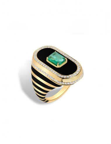 Battuta, 18K Yellow Gold, Black Onyx, Emerald + White Diamond Ring pas cher