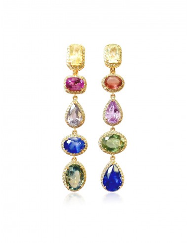 Multi Linear, 14K Yellow Gold, Rainbow Sapphires + Diamonds Earrings l'achat 