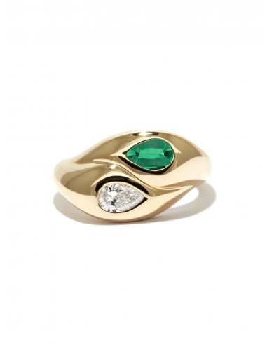 Toi et Moi Pear Bubble, 14K Yellow Gold, Emerald + Diamond Ring le des métaux précieux