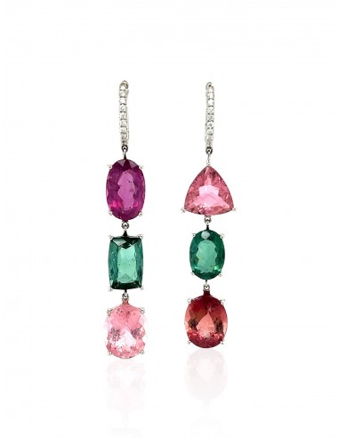 Asymmetric, 18K White Gold + 6 Mixed Color Tourmaline Earrings En savoir plus