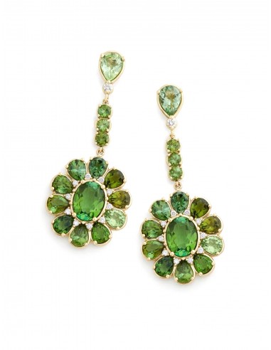 Floral Oval and Pear Shape, 18K Yellow Gold, Green Tourmaline + Diamond Earrings sur le site 