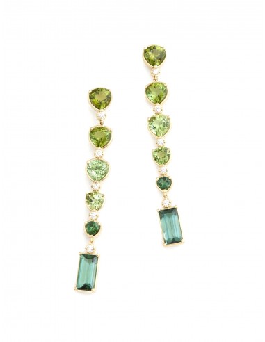 Ombré Pear Shape and Emerald Cut Drop, 18K Yellow Gold, Green Tourmaline + Diamond Earrings votre