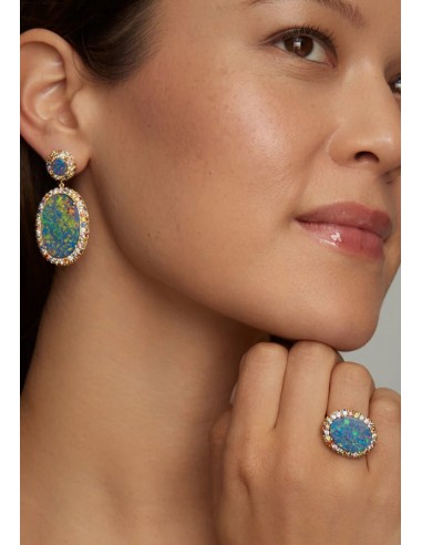 Oval Opal, 18K Yellow Gold, Multicolor Sapphires + Diamond Earrings solde