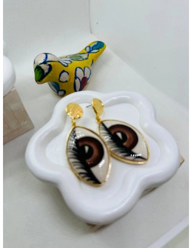 Iris Hand Painted Brown Ceramic Earrings Pour