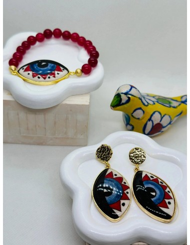 Iris Hand Painted Red Ceramic Earring and Bracelet Set Le MVP de beaucoup