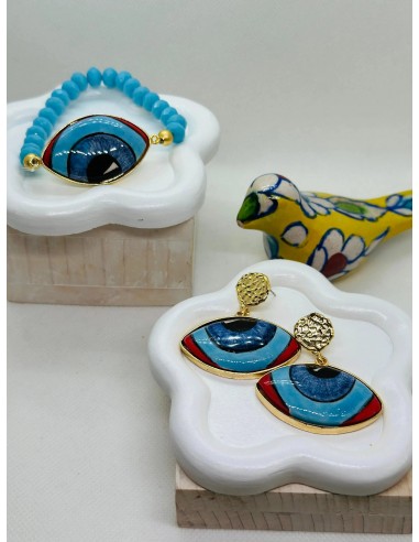 Iris Hand Painted Blue Turquoise Ceramic Earring and Bracelet Set du meilleur 