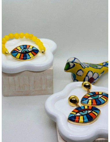 Iris Hand Painted Yellow Ceramic Earring and Bracelet Set acheter